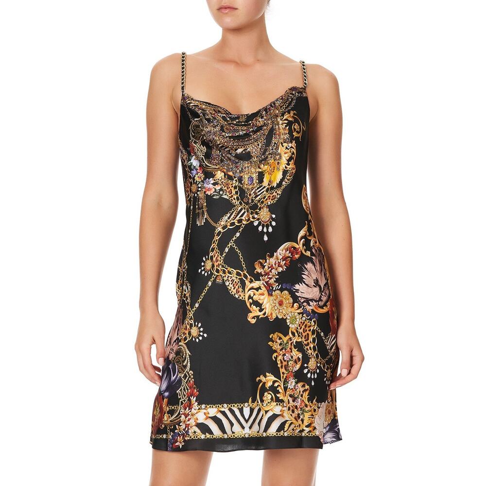 CAMILLA A Night In The 90s Short Bias Silk Crystal Cowl Neckline Slip Mini Dress - Picture 1 of 16